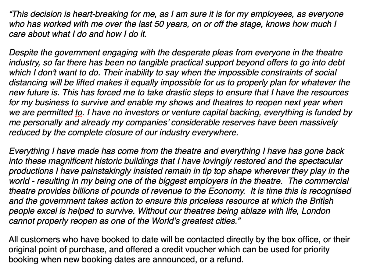 ShentonStage's tweet photo. Press statement issued by Cameron Mackintosh @DMTWestEnd &amp; @CamMackLtd over redundancy plans for his West End theatres &amp; his current shows. So nothing will return before 2021 at earliest. https://t.co/nucwtADZKC