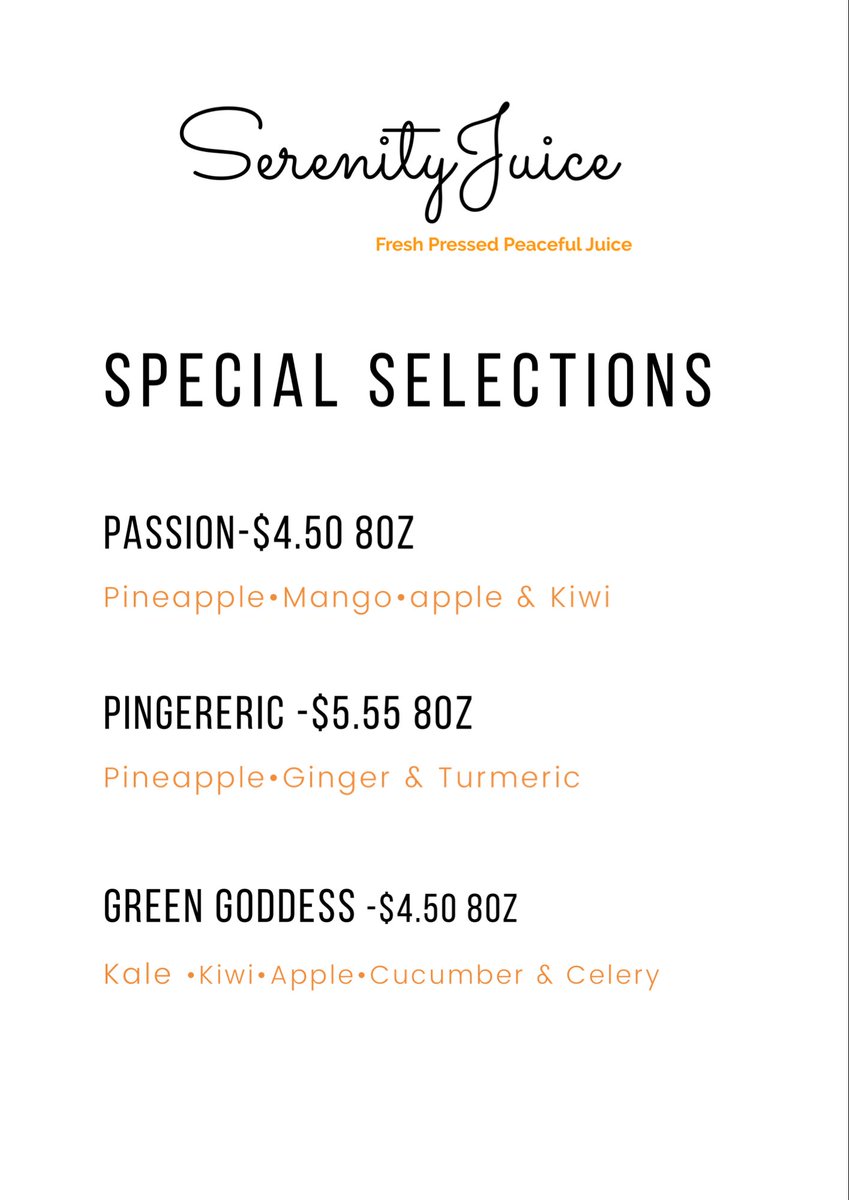 MakeUp_lay's tweet photo. One of SerenityJuice’s Menu I’ll be open Friday #FreshPressedJuice #JuiceBar #BlackOwnedBusiness 🧡✨ https://t.co/ljbzo4Bdew