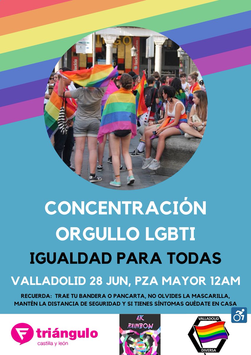🏳️‍🌈 Concentración por el Orgullo LGBTI en Valladolid. 28J 12am Plz Mayor.
🌈Por la autodeterminación del género, por la igualdad social y de derechos de todas las personas LGBTI. Igualdad para todas.
<a href="/ATC_Rainbow/">ATC Rainbow hlgtbi+</a>  <a href="/VaDiversa/">Valladolid Diversa</a> <a href="/ColegasCyL/">Colegas Castilla y León</a> @ChrysallisCyL <a href="/FTriangulo/">Fundación Triángulo</a> <a href="/cljvalladolid/">Consejo de la Juventud de Valladolid</a> @