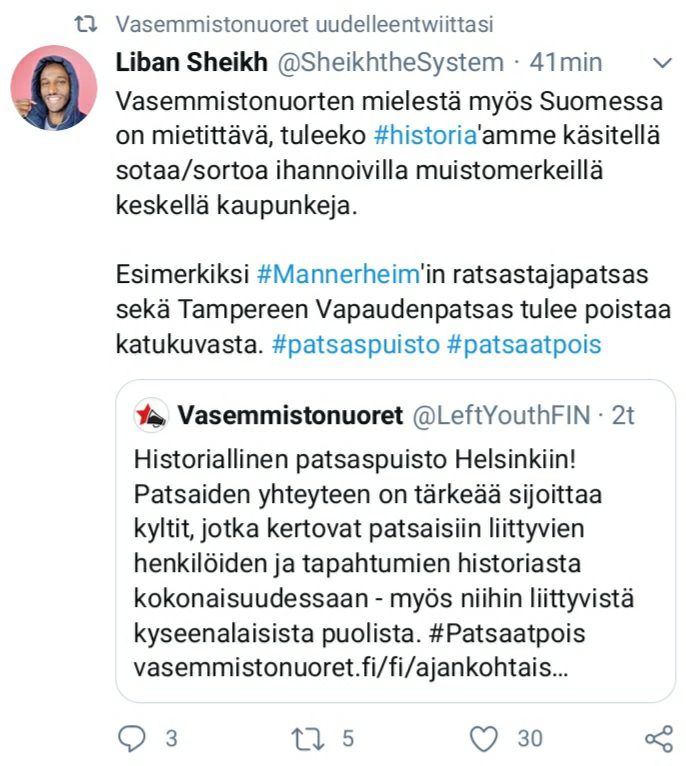 Kuvaavaa on se, että tällaista Suomalaisen #historia'n poistoa kannattaa ei-suomalainen.

Tietenkin vasemmistolle tämä ei ole historian hävittämistä vaikka suomalainen kansa riisutaankin suurmiehistään ja symboleistaan. #Mannerheim #patsaspuisto