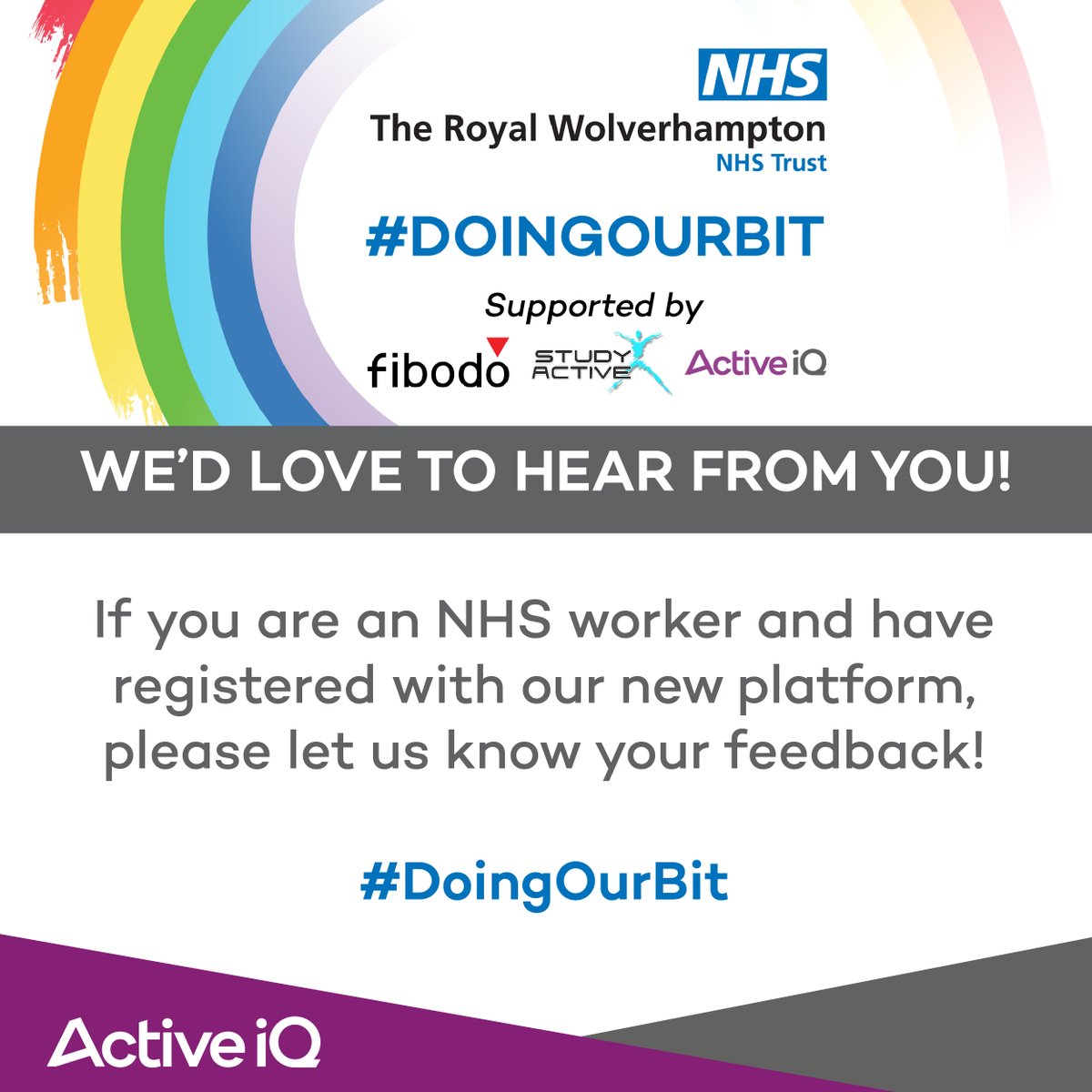 Active__IQ's tweet photo. Are you an NHS worker who has signed up to the new #DoingOurBit platform? Then we would love to hear from you! Tag us in your feedback - #DoingOurBit @fibodo @studyactive @CRN_WMid @RWT_NHS @fit4thefight_uk @_actiongroup https://t.co/kInD5Ok798