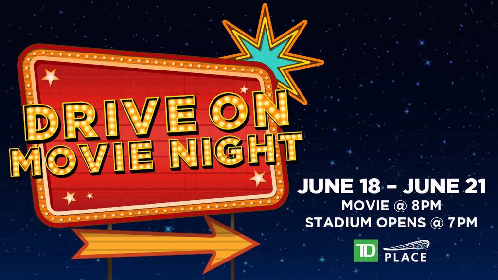 TD_Place's tweet photo. Join us on the field at The Stadium at TD Place (in your car) for an all-new drive-on movie experience every night from June 18th to June 21st! 🍿

We will be showing a different movie each night in a variety of categories.

🎟: https://t.co/lTUHyM9JnM
🎥: https://t.co/oLS46ePIqI https://t.co/G8PtBSxW3a