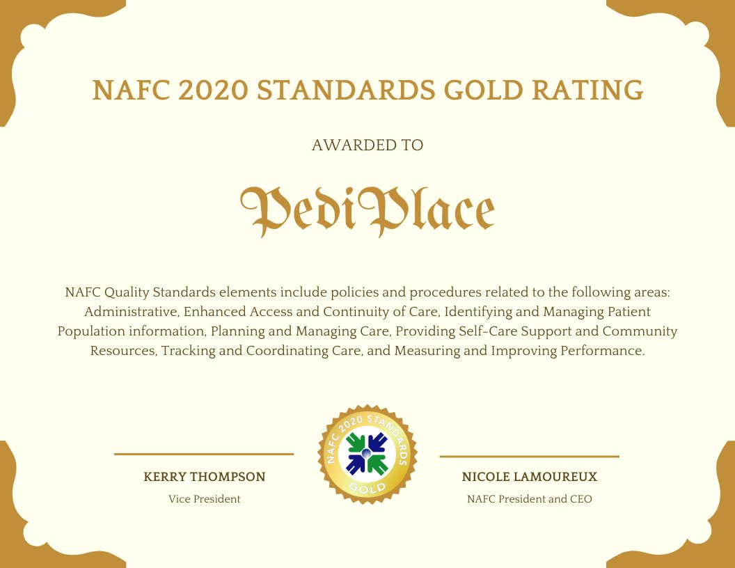 PediPlace is honored to receive the highest possible quality rating from National Association of Free &amp; Charitable Clinics (NAFC)! Way to go team 💗