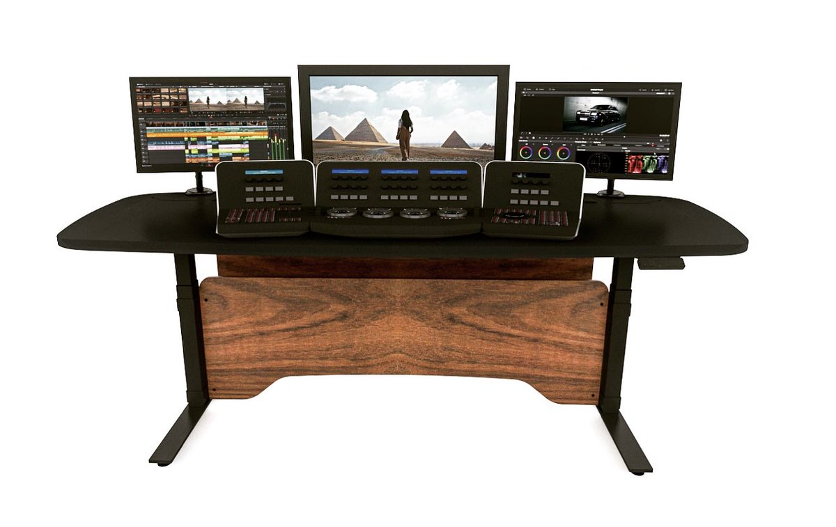AKAdesignuk's tweet image. One of our ProView sit-stand Grading desks heading to @danmorancolour in Bristol tomorrow. Finished in soft-touch, non reflective 3D laminate &amp;amp; veneered Walnut vanity panels.  #studiofurniture #colourgrading #gradingdesk #filmcolorgrading #sitstand #davinciresolve #gradingsetup