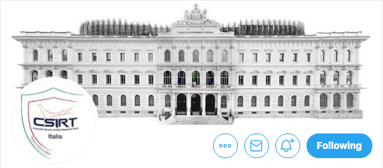SicNazionale's tweet photo. Benvenuto su Twitter a @csirt_it, l’account ufficiale del Computer Security Incident Response Team italiano. Segui gli aggiornamenti del Team su prevenzione, coordinamento e risposta agli eventi informatici. #cybersecurity #CSIRT #SicurezzaNazionale #Dis https://t.co/ZWkHmryh0O