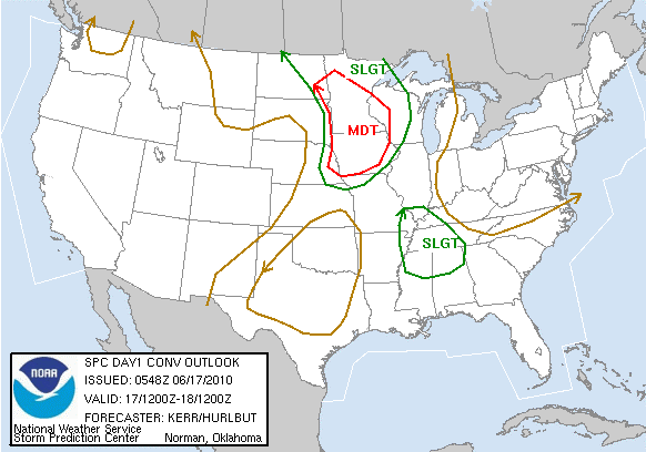 On this date in 2010: The Storm Prediction Center (SPC) upgrades the area to a Moderate Risk for severe thunderstorms on the overnight update, with a 10% probability of tornadoes.  #mnwx
