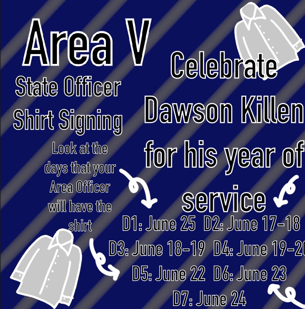 Area V look out! See when ur Area Officers will have <a href="/DawsonKillen/">Dawson</a>’s retiring shirt for y’all to sign!!