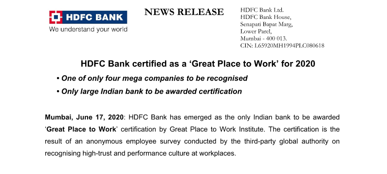 HDFCBankNews's tweet photo. .@HDFC_Bank certified as a 'Great Place To Work’ for 2020. It is the only large Indian #bank to be rewarded with this #certification &amp; one of four #MegaCompanies that were recognised. Read the #PressRelease here: https://t.co/ILl3IptR2N. #IamHDFCBank #GreatPlaceToWork @GPTW_India https://t.co/AZHKZxbJam