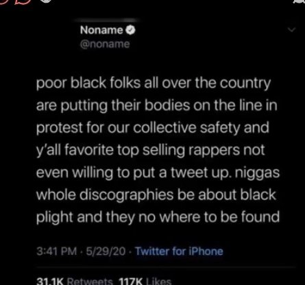 Noname tweeted this and deleted the tweet after she saw J cole outhea protesting. Few weeks later today he released "Snow on tha bluff"... if you a real cole fan you prally know that he doesn't like posting shit on social media. Like he said "im on some fuck a retweet".