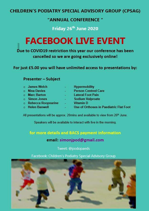 Children's Podiatry Special Advisory Group (@podopaeds) on Twitter photo We have had to make this years conference virtual, so on Friday 26th June (am) you get all of this for £5!!!
The lectures are pre-recorded and will go live at 9am, with all presenters online to answer questions. Email simonjpod@gmail.com #podiatry #childrensfeet #paediatrics We have had to make this years conference virtual, so on Friday 26th June (am) you get all of this for £5!!!
The lectures are pre-recorded and will go live at 9am, with all presenters online to answer questions. Email simonjpod@gmail.com #podiatry #childrensfeet #paediatrics