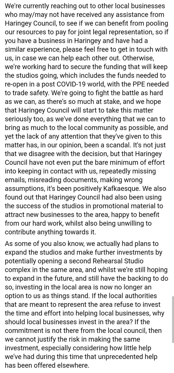 Bally Rehearsal Studios - N17, Tottenham. (@ballystudios) on Twitter photo As some of you know, we've received no help at all from <a href="/haringeycouncil/">Haringey Council</a> throughout the closure. We've paid our rent and business rates from savings. We're now taking legal action against them, since we have no other options, and we need your support. Details below. Please RT. As some of you know, we've received no help at all from <a href="/haringeycouncil/">Haringey Council</a> throughout the closure. We've paid our rent and business rates from savings. We're now taking legal action against them, since we have no other options, and we need your support. Details below. Please RT.