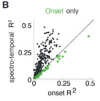 Interestingly, the sentence onset region previously observed in Hamilton et al 2018 ( https://doi.org/10.1016/j.cub.2018.04.033) was *only in the pSTG*, and not observed on the temporal plane. These electrodes are better explained by *one feature* (sentence onset) than larger spectrogram models.