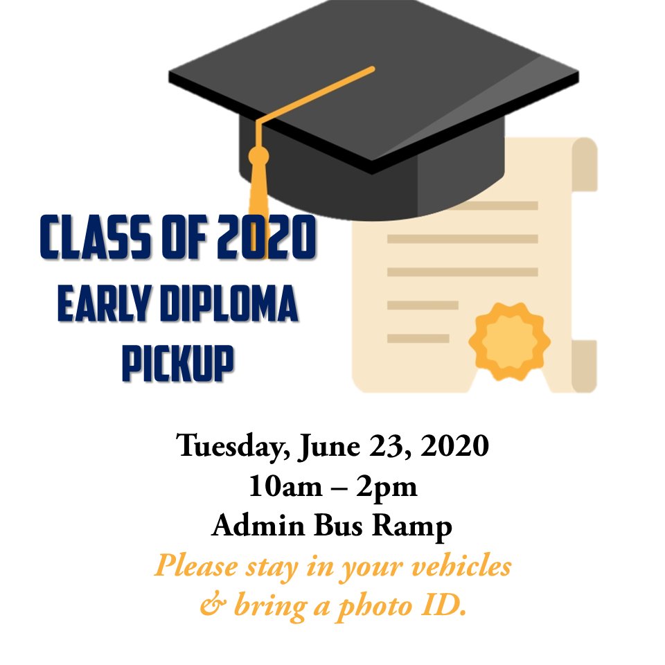 CLASS OF 2020 DIPLOMAS: Seniors can opt to pick up their diplomas early on Tuesday, June 23 from 10am-2pm. If you cannot make it, call 407-746-9050 to schedule a time on a Tues/Thurs to get it. OR, get your diploma on July 17 in the NEW auditorium graduation plan.