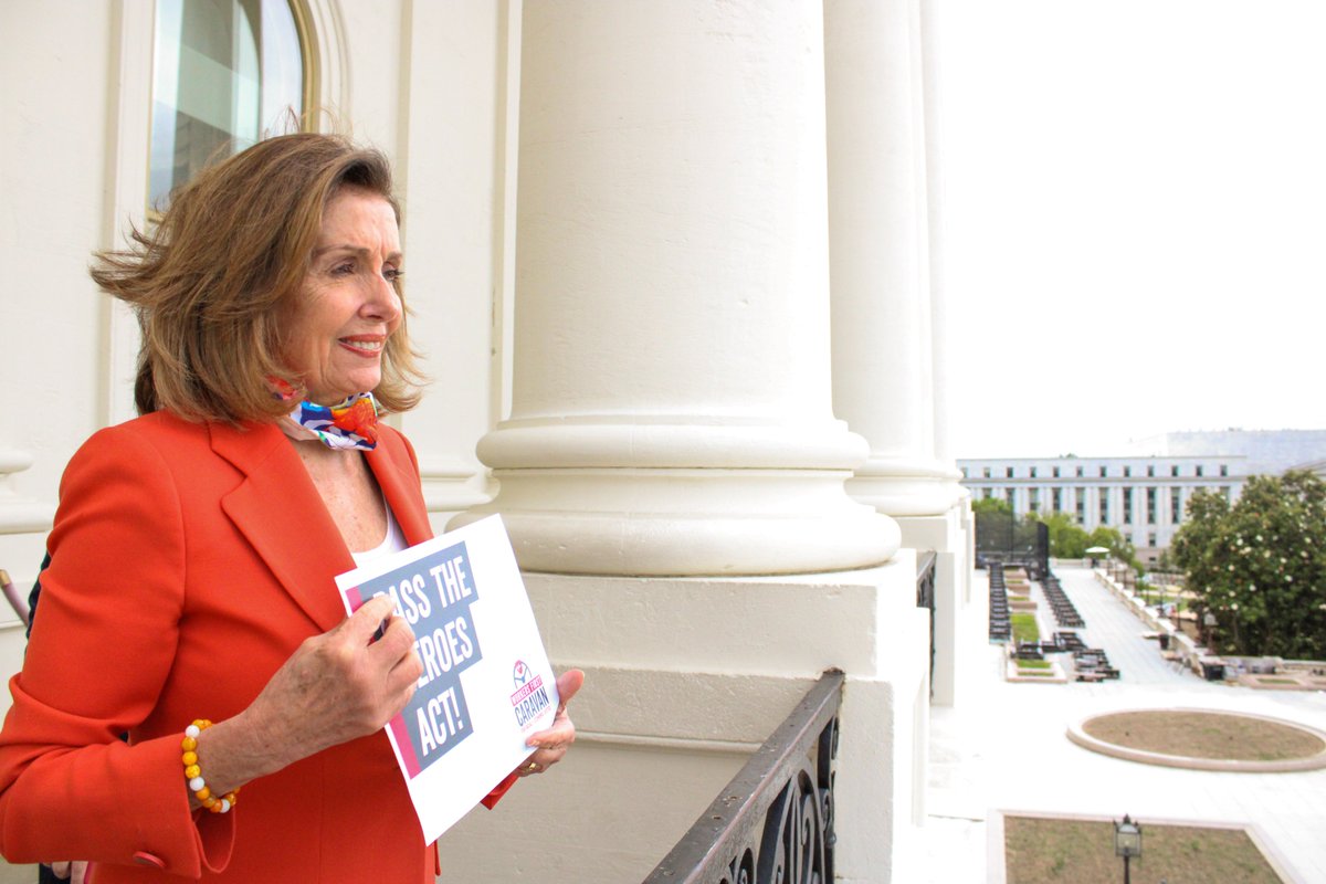 SpeakerPelosi's tweet photo. American workers are paying the price for Leader McConnell’s efforts to slow-walk our response to COVID-19. Truly inspiring to witness today’s caravan of workers in Washington, driving together to demand that the #SenateActNow to pass the #HeroesAct. #WorkersFirst https://t.co/W4I4w5wxxZ