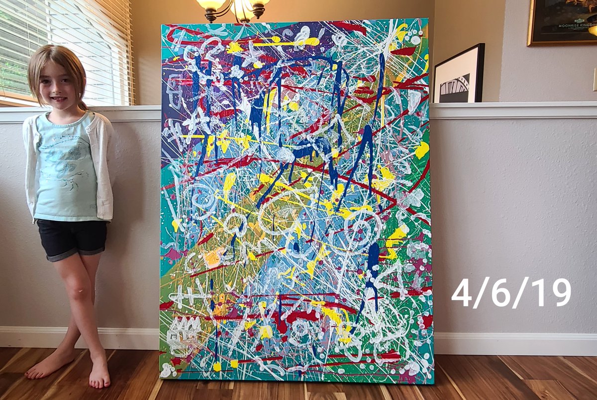 OK I lied, you can always go back to Pollack. This was the start of underlying tape usage as you can see as the base. It's a combo with tape, splatter, and early paint marker usage. A hybrid of mediums.Added archival footage of her working on it in her smock in 2019.