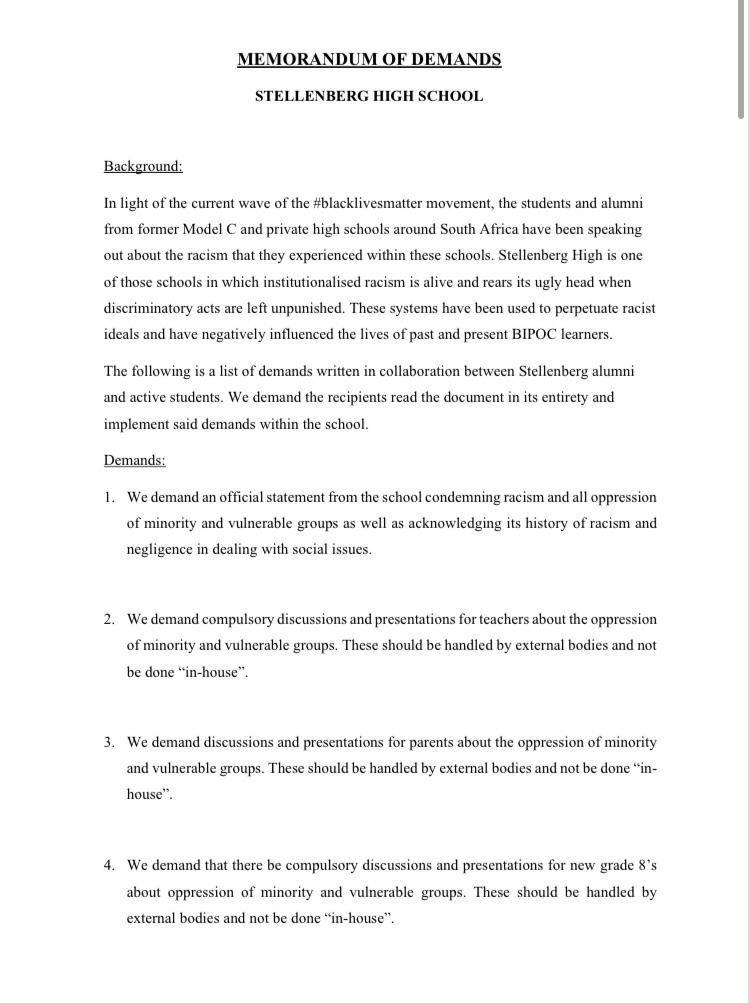 TiffanyAmberMos's tweet photo. This is a list of demands that has been compiled by Stellenberg High School alumni, as well as a few current students. The demands have been sent to the school. #modelCschools #racism #RACISMINSAHIGHSCHOOLS https://t.co/FsCn9xsesL