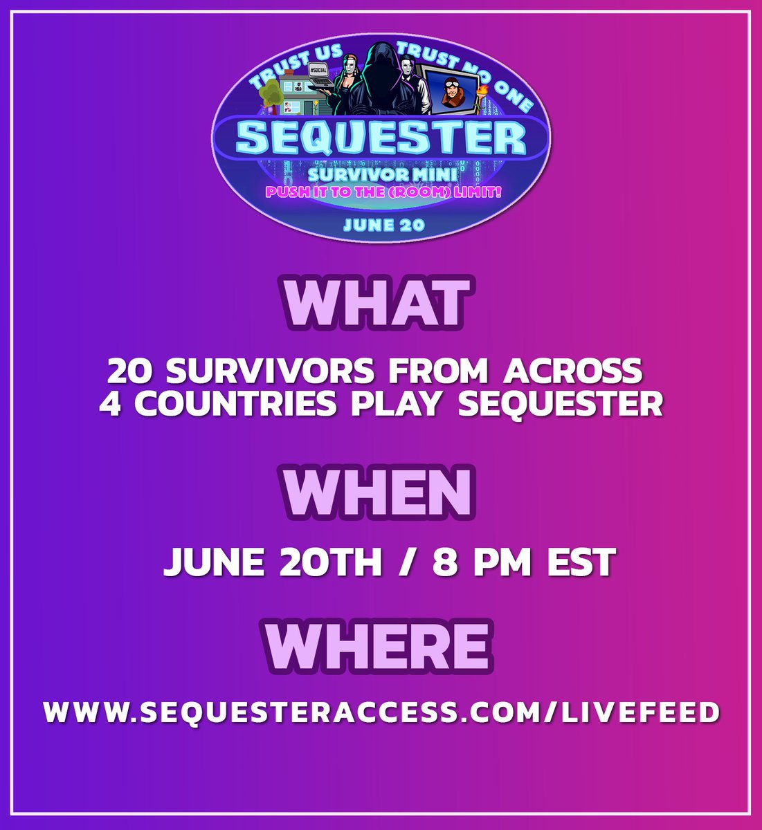The wait is over... Meet the 20 castaways who will be stepping into the #Sequester universe for 1 night to play new game of strategy! Tune in June 20th at 8 PM EST!!

If you don't know what a mini is check out this video 👇 youtu.be/7s6xk6ZGNSY

#BB22