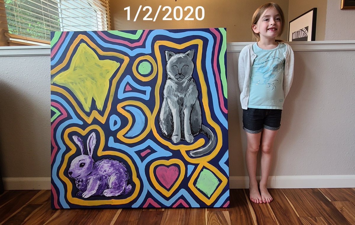 We had been playing with lines and graphical effects in the previous painting so we decided to explore that some more and this was what we came up with. Cats and bunnies are the inspiration.