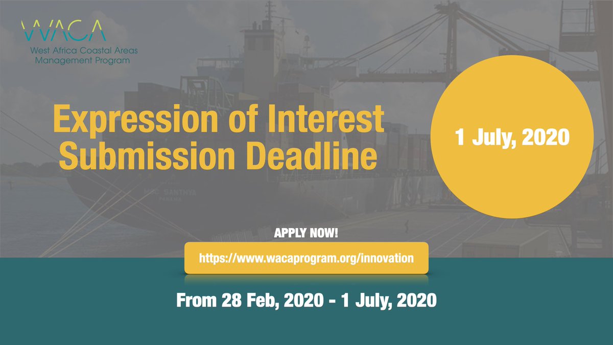 The @WorldBank is soliciting innovative ideas across 4 thematic categories to fight #coastalerosion & flooding associated with development of commercial ports & maritime operations in West Africa. Apply by 1st July, 2020 wacaprogram.org/innovation #coastalinnovation 

Help RT this.