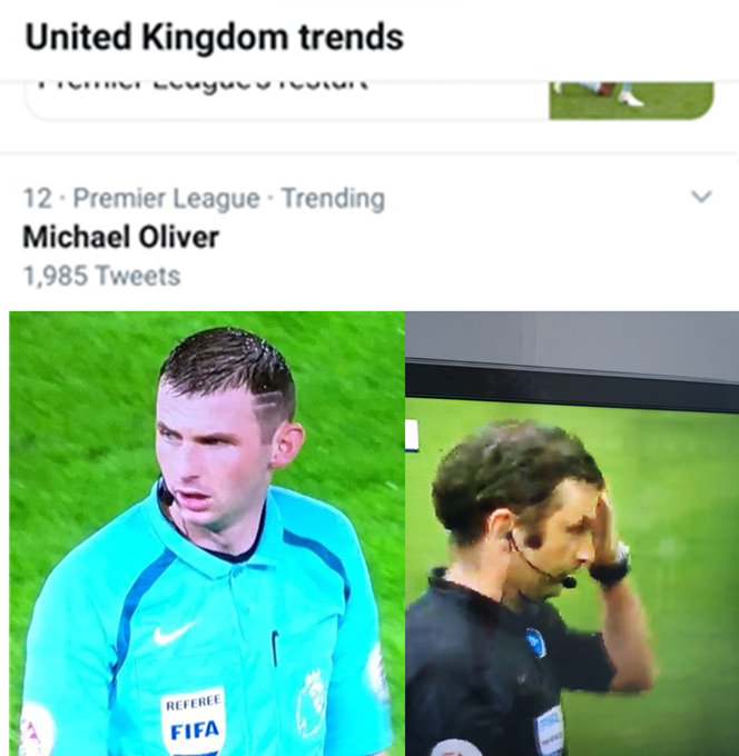 timwood_90's tweet photo. Premier League welcome back - you know England Expects when the referee's lockdown lid trends on Twitter straight away 6pm πMichael Oliver #AVLSHU #avfc #lockdownlid #defostayedhome https://t.co/f7imjzTuXf