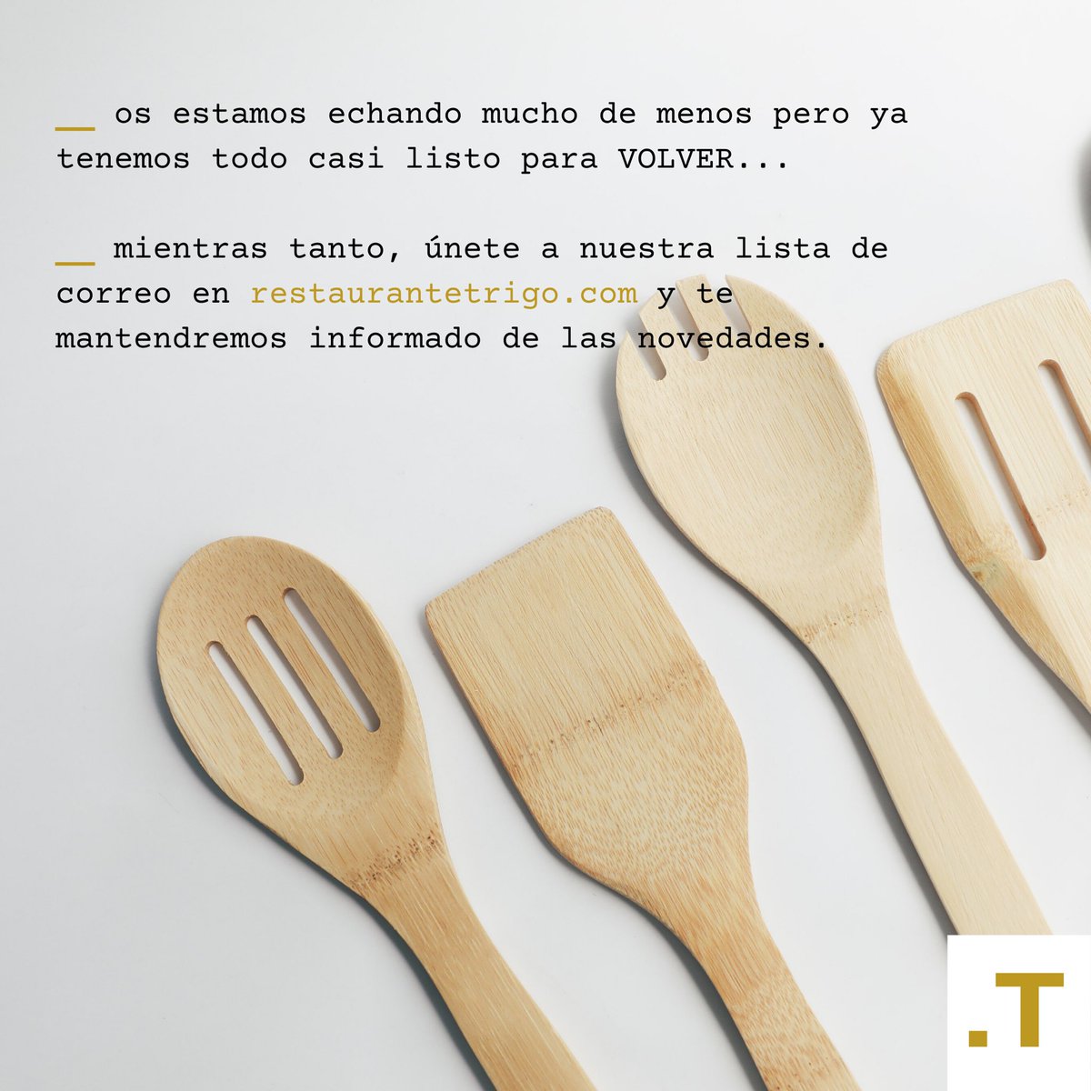 Ya queda poquito para volver a vernos en Trigo. Mientras preparamos los últimos detalles, puedes unirte a nuestra lista de correo en restaurantetrigo.com/alta.html
y estarás informado de nuestras novedades. ¡Hasta pronto!
#ñaca #valladolid #restaurantes