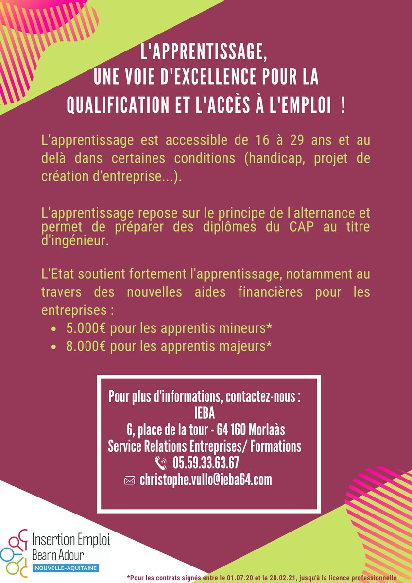 L'#apprentissage, une voie d'#excellence pour favoriser l'accès à l'#emploi et investir dans le capital humain. Plan de relance apprentissage du @Minist_Travail : <a href="/IEBAOfficiel/">Insertion Emploi Béarn Adour</a> au côté des #jeunes et des #entreprises pour sa mise en œuvre. ➡️🏆🤝