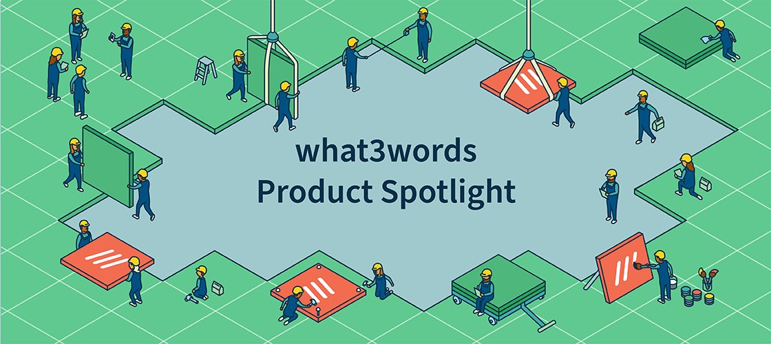 animated image of small people laying down square titles with what3words logo on a few tiles