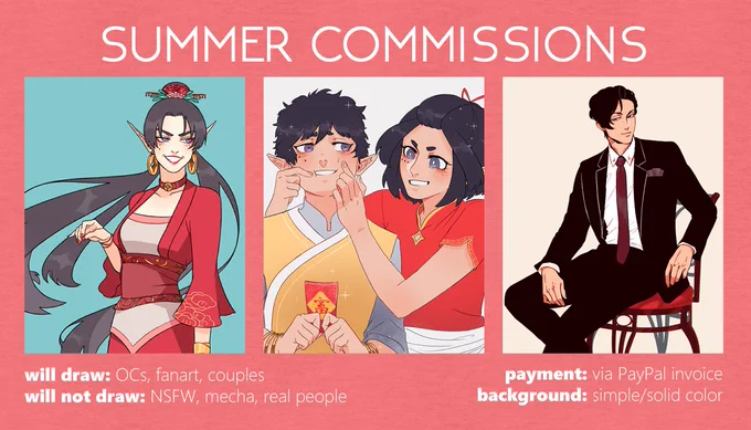 opening a few commissions because my summer internship was cancelled due to covid ?

no full render or chara sheets this time around, but keep an eye out! ✨ 