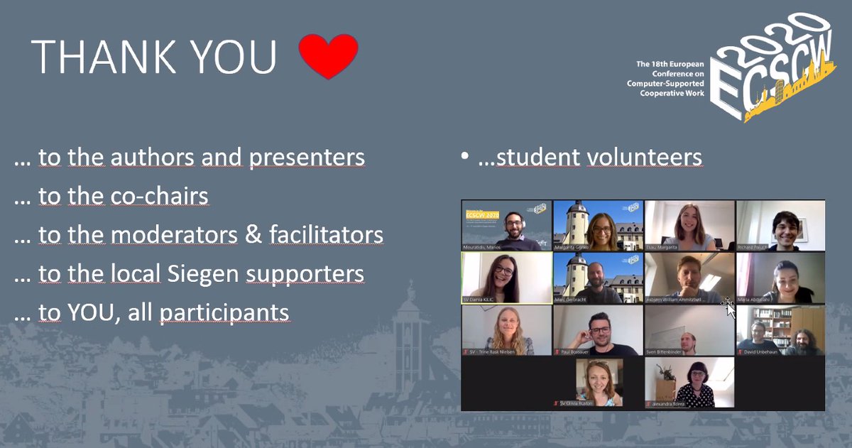 You all were great and made #ECSCW2020 what it ultimately was. An insightful, but above all warm and humorous conference. Lessons learned for the next host 'Zurich Oerlikon' and its General Chairs Mateusz Dolata and Gerhard Schwabe: ecscw.eusset.eu/2021/conferenc…