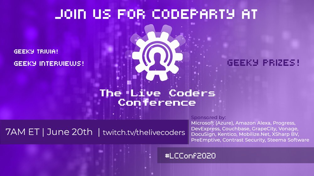GAPVelocityAI's tweet photo. Join @MobilizeNet plus @csharpfritz plus @Telerik, @Microsoft, @DocuSignAPI, @PreEmptive, @xbasenet, @kendoui, @VonageDev, @PreEmptive, @GrapeCityUS and more for a CODEPARTY! Sat, June 20th at 7AM ET at https://t.co/BPmS0FwIS3. #LCConf2020 #Prizes
cc: @ddskier https://t.co/6lCVKa4ckP