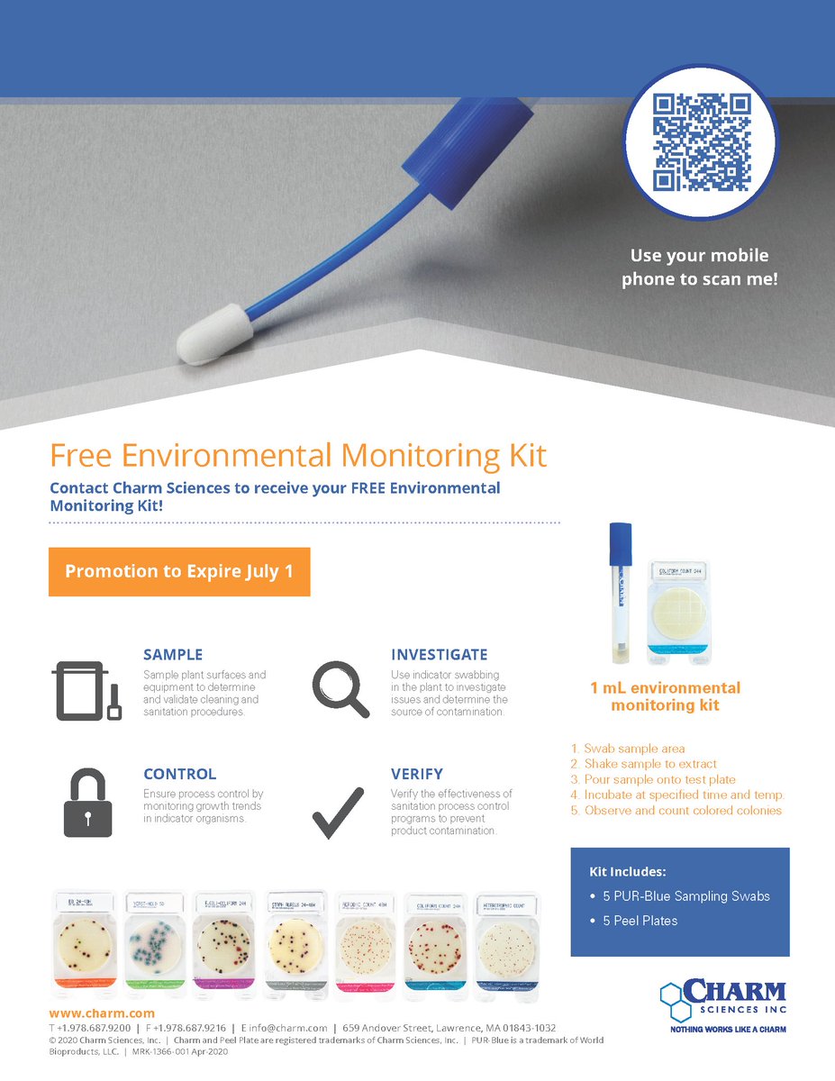 CharmSciences's tweet image. GIVEAWAY ALERT!
Free Environmental Monitoring Kit Today!

Promotion expires July 1, 2020

#PeelPlate #FoodSafety #MicrobialDetection #NothingWorksLikeACharm