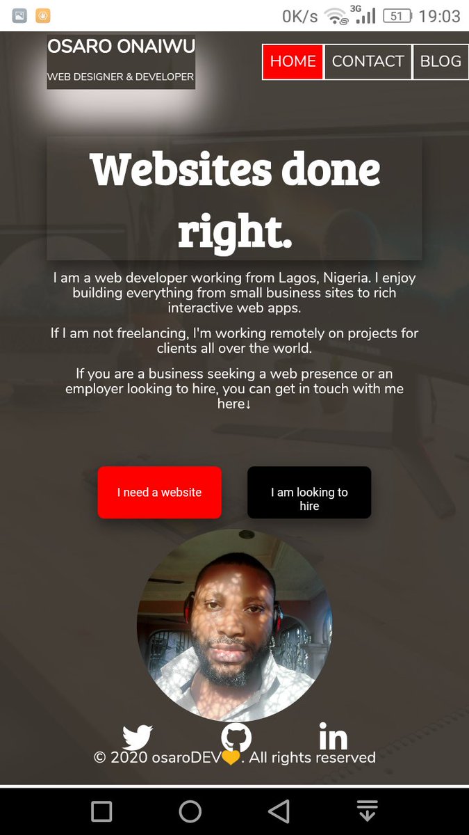 osaroDEV's tweet image. Hey guys! It's been a while since I last tweeted.
I need your comments on this page I created. I'm thinking, I should create another and dump this.
#100DaysOfCode #CodeNewbie #LearningCode #javascript #freeCodeCamp