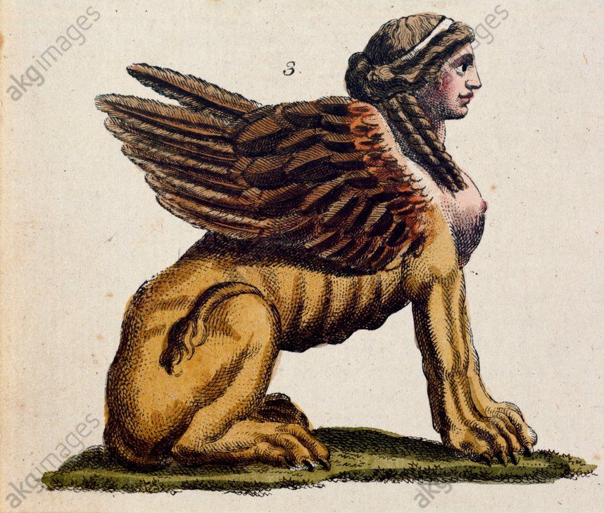 3. This Sphinx still had the face of a & a body of a but it also had the wings of an  and a  tail!4. Source says "she was the daughter of Orthus, and either Echidna or Chimera." (Greekmythology)5. She was in Thebes, guarded a gate by riddling travelers.(2/7)