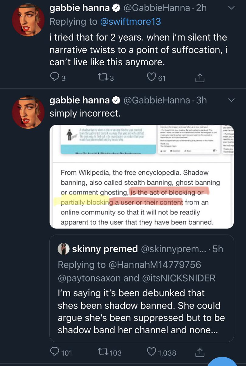 these screenshots are random but I think they really show how much gabbie is losing it. she’s been on twitter 24/7 for days claiming youtube is shadow banning her because they promote videos about but not from her and don’t trend her music