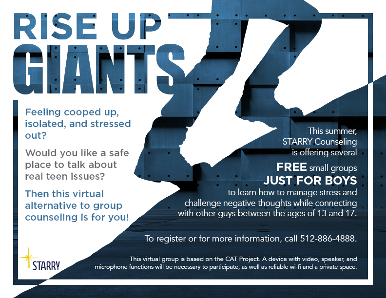STARRYOnline's tweet photo. This summer STARRY is offering several FREE small groups for boys! During these virtual groups, we will learn how to manage stress and challenge negative thoughts, while connecting with other guys between the ages of 13 and 17. To register &amp; for more info, call 512-886-4888. https://t.co/qKgfyA1oWA