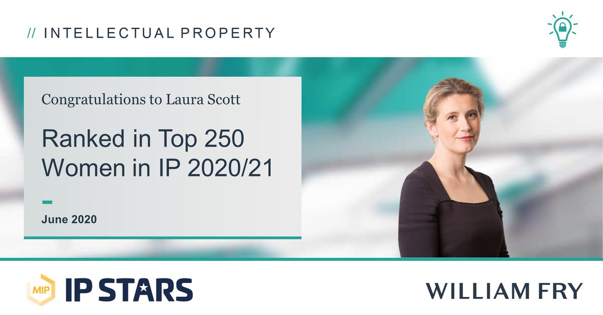 WilliamFryLaw's tweet photo. We are delighted to announce that Laura Scott, a Partner in our IP Department, has been ranked in Managing IP as one of the Top 250 Women in IP for 2020-21.
#MIPTop250 #IPwomen #intellectualproperty #leaders #women #WilliamFry https://t.co/8RVhX0ts3n