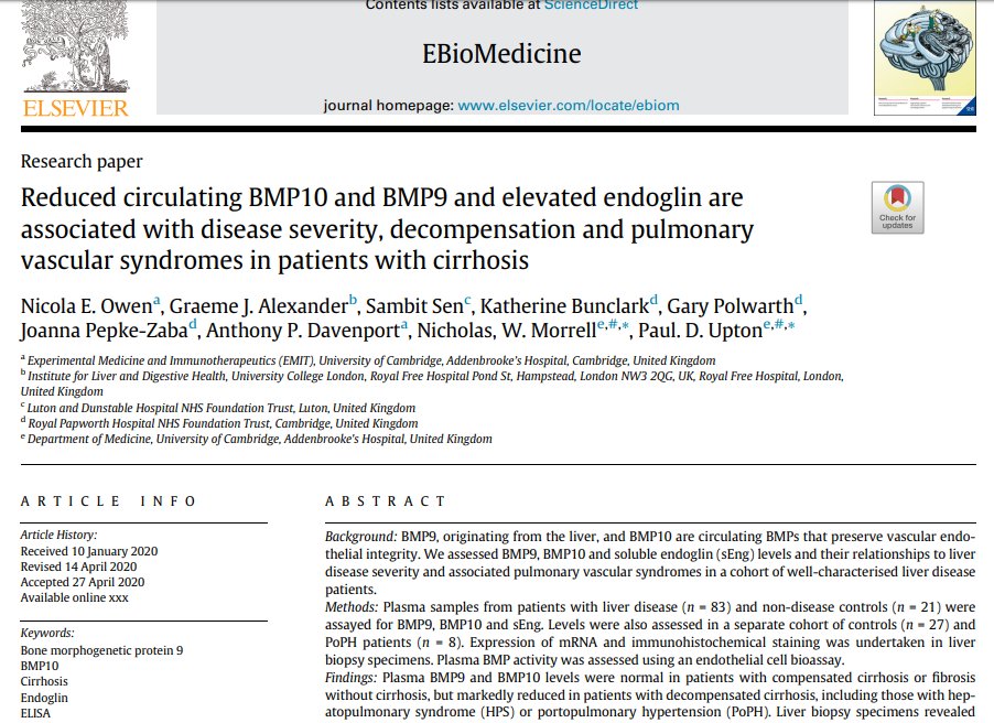 RoyalPapLib's tweet photo. #papworthauthors new publication: Reduced circulating BMP10 and BMP9 and elevated endoglin are associated with disease severity, decompensation and pulmonary vascular syndromes in patients with cirrhosis. https://t.co/crmcSrSOIR. #BMP10 #BMP9 #Endoglin #cirrhosis #OA https://t.co/vvq75AreF8