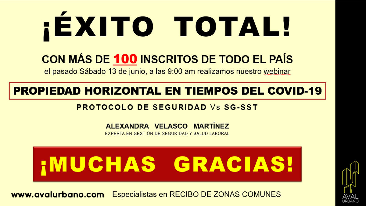 AvalUrbano's tweet photo. Una agradecimiento muy especial a los asistentes al webinar PROPIEDAD HORIZONTAL EN TIEMPOS DEL COVID-19. ¡Fue un éxito!
Seguimos comprometidos con el sector de la Propiedad Horizontal, esperen más capacitaciones.
https://t.co/lXj7uCeLOc
Especialistas en RECIBO DE ZONAS COMUNES https://t.co/ZuiDGn3Gtu