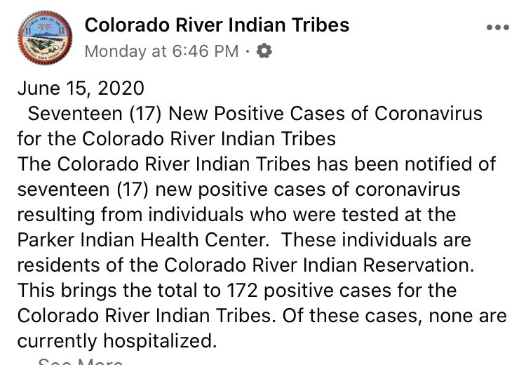 Colorado River Indian Tribes in Arizona has 172 Coronavirus cases.