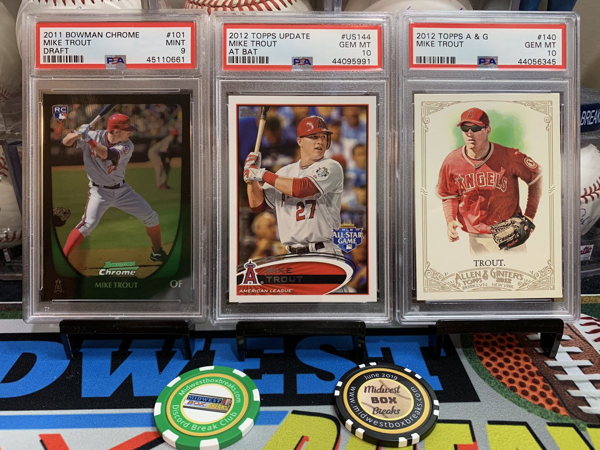  #MikeTrout ‘12 Allen Ginter PSA 10-$185 (9 left)‘12 Update At Bat PSA 10-$250 (6)‘11 Bowman Chrome Draft PSA 9-I messed up last night and quoted at $335 but will honor that price!-(9)Dm to claim. (Alerts too busy)