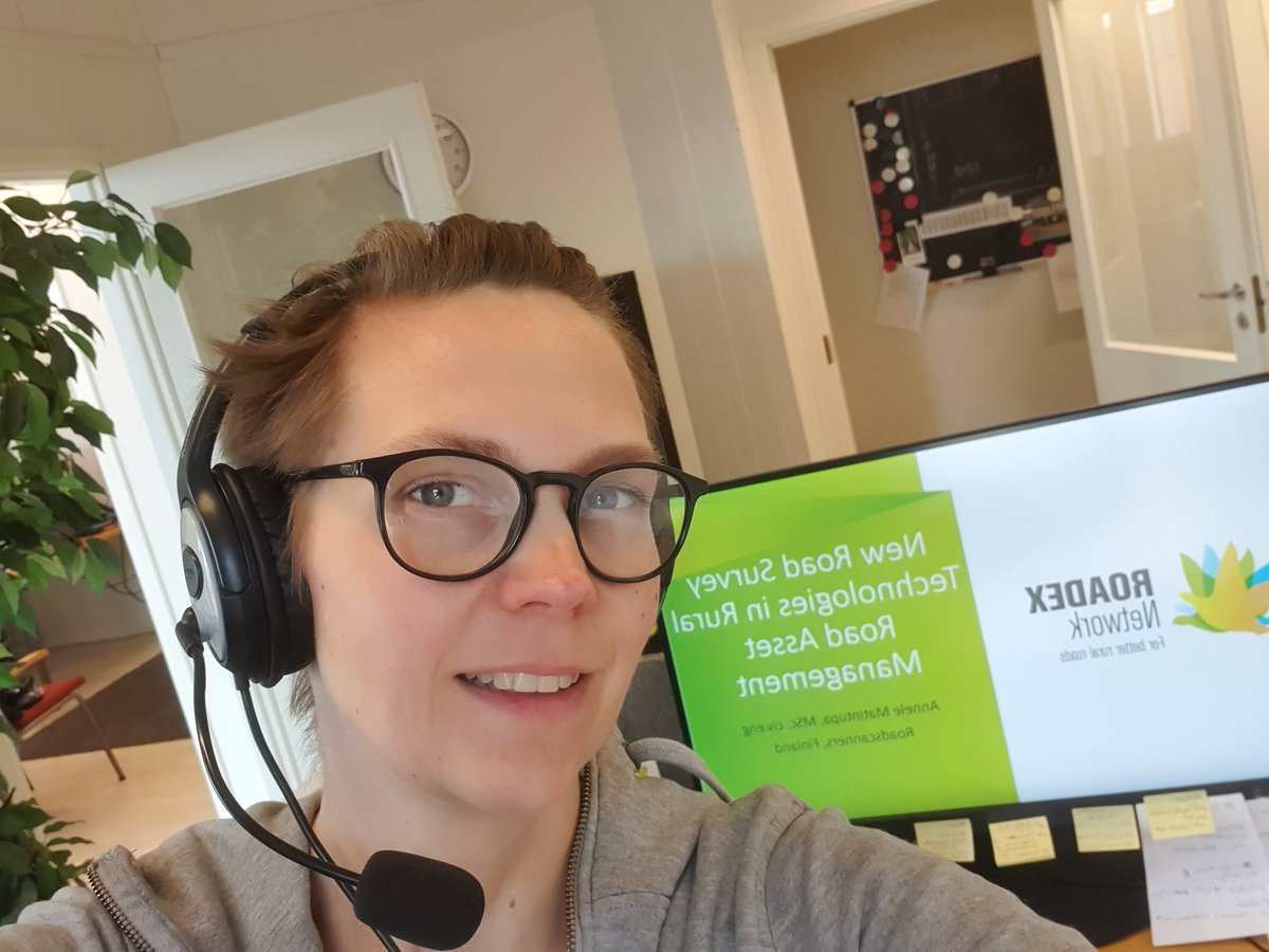 AnneleMatintupa's tweet photo. Korona vei monet tapahtumat verkkoon. Tänään ekaa kertaa korona-aikana osallistuin tällaiseen puhujana. Kyseessä #roadex webinaari ja oma aiheeni oli New Road Survey Technologies in Rural Road Asset Management. @roadscanners https://t.co/VAY9ZJCh9S