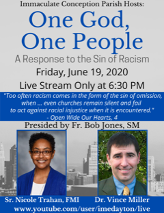 Join us online this Friday, June 19, at 6:30pm for a prayer in response to the sin of racism.  <a href="/ICDayton/">IC Parish</a> <a href="/cjeagles/">Chaminade Julienne Catholic High School</a> <a href="/univofdayton/">University of Dayton</a> <a href="/SrNicoleFMI/">Nicole Trahan</a> @millervincentj @FrSatish