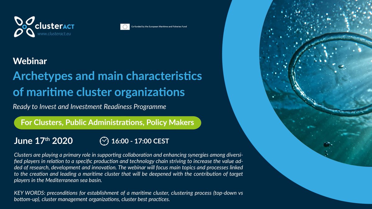 ClusterACT's tweet image. Today is time for #Clusters! Do you want to learn more about archetypes and main characteristics of #maritime cluster organizations? 🌊 Join us today ✍️ bit.ly/2UQU2F5