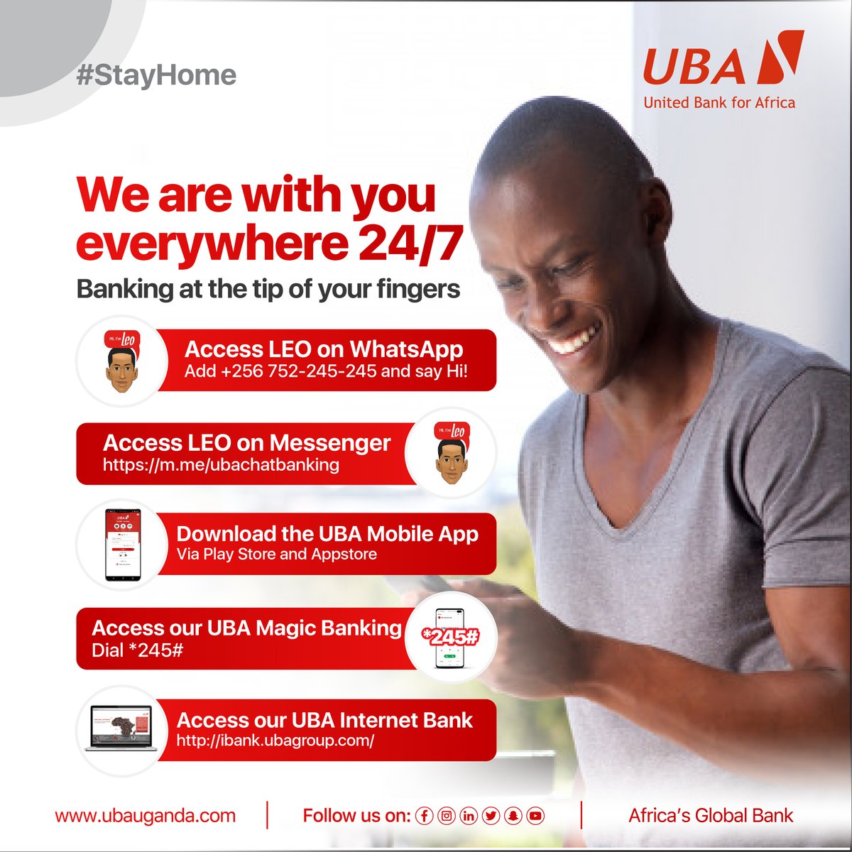 UBAUganda's tweet photo. We are with you everywhere and all the time. Bank from home, it's safer. 

#staydigitallyclose. #stayhome #staysafe #weareinthistogether. https://t.co/R5gANOfWtV