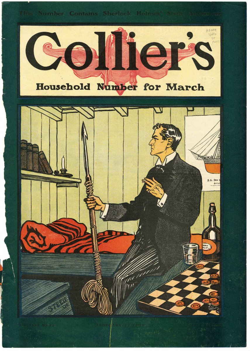 Another FDS cover for Collier's Magazine. This one for "Black Peter" appeared on February 27, 1904. Today  @SherlockUMN  @umnlib we are drawn to Holmes's intense stare as well as the harpoon's cording. Knots, barb & gaze--all w/ purpose & intent. Understood.  http://purl.umn.edu/99300 