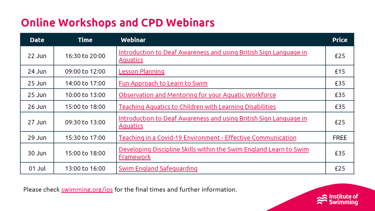 We've updated our webinar timetable!
Here is what we have coming up over the next 4 weeks including our FREE webinars to support your return to teaching and <a href="/SE_Quals/">Swim England Qualifications</a> accredited CPDs!

Please share and let's get everyone ready for the pool.

Download here: bit.ly/2UOvRa8