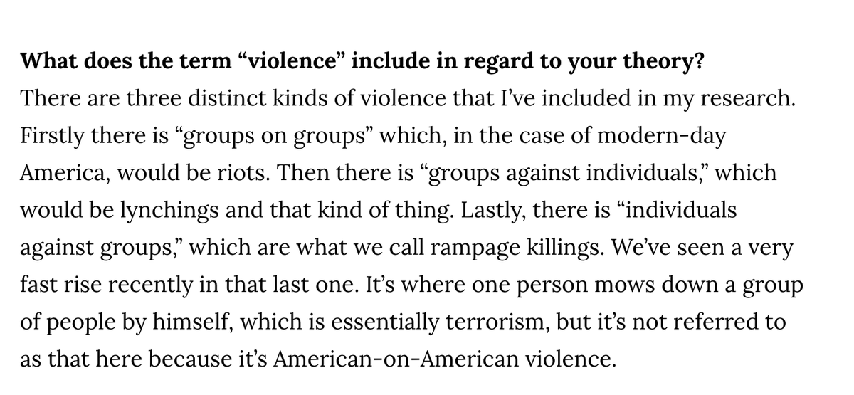 But that can't be what Turchin means, because total murders and violent deaths are down. Here's a 2012 article where he lists mass shootings as a kind of violence. We haven't seen much of them this year, even before the coronavirus. Again, p-hacking. 4/n