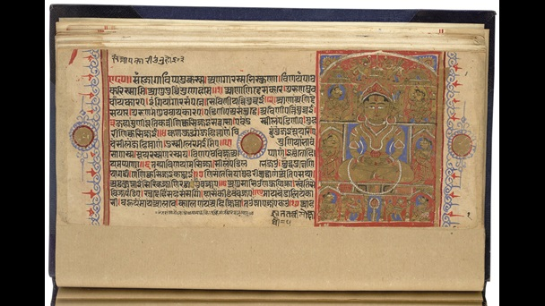 This manuscript of the 'Uttaradhyayana Sutra' was written in Prakrit prose and verse in the 16th century with Pratikramana VidhiThe image shows Mahavira seated in 'padmasana' in the Pushpottara heaven, before his reincarnation on earth2/6 @IAMPMSM  @iam_Jitu  @sanjivarjungaur