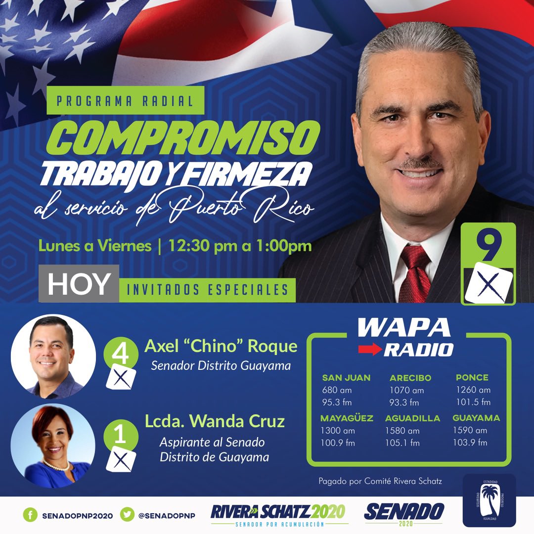 HOY📻• Programa Radial: Compromiso, Trabajo y Firmeza al servicio de Puerto Rico. 

Invitados especiales; distrito de Guayama; senador <a href="/chinoroque51/">Chino Roque</a> , y la aspirante al distrito, Lcda. Wanda Cruz. #SenadoPNP