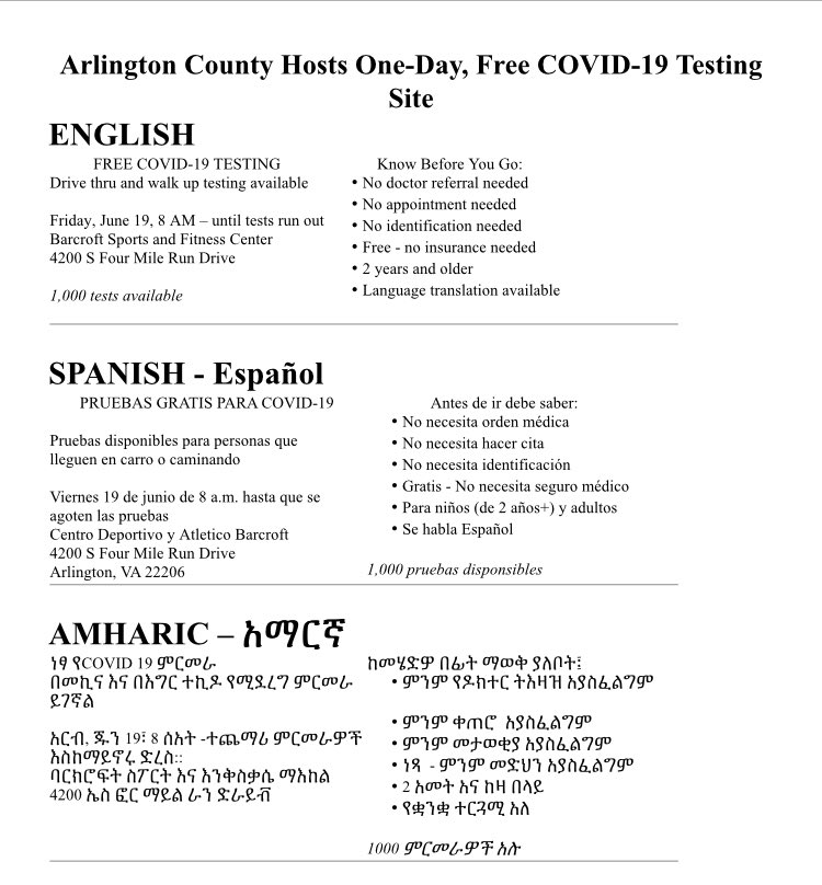 Mr./Señor Laínez-Education (@lainezalam) on Twitter photo Free COVID-19 Testing/ Pruebas Gratis para COVID-19. All the information is included in Spanish, English, Amharic, Mongolian, and Arabic. <a href="/APSKenmore/">Kenmore MS</a> <a href="/APS_PRC/">ParentResourceCenter</a> <a href="/APSVirginia/">Arlington Public Schools</a> <a href="/dulceAPS/">Dulce Carrillo</a> <a href="/kaitlin31538733/">kaitlin</a> <a href="/APS_ESOL/">APS Office of English Learners</a> <a href="/ARLSEPTA_ES/">Arlington SEPTA ES</a> @KWBdicabus <a href="/DianaClaro11/">Diana Claro</a> <a href="/KenmorePTA/">Kenmore Middle PTSA</a> <a href="/WendyCarria/">Wendy Carria</a> Info.👇🏽 Free COVID-19 Testing/ Pruebas Gratis para COVID-19. All the information is included in Spanish, English, Amharic, Mongolian, and Arabic. <a href="/APSKenmore/">Kenmore MS</a> <a href="/APS_PRC/">ParentResourceCenter</a> <a href="/APSVirginia/">Arlington Public Schools</a> <a href="/dulceAPS/">Dulce Carrillo</a> <a href="/kaitlin31538733/">kaitlin</a> <a href="/APS_ESOL/">APS Office of English Learners</a> <a href="/ARLSEPTA_ES/">Arlington SEPTA ES</a> @KWBdicabus <a href="/DianaClaro11/">Diana Claro</a> <a href="/KenmorePTA/">Kenmore Middle PTSA</a> <a href="/WendyCarria/">Wendy Carria</a> Info.👇🏽